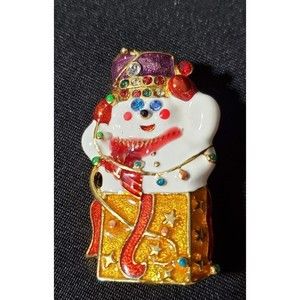 𝅺Christopher Radko Enamel Jeweled Christmas Snowman Present Brooch Pin 4.5cm